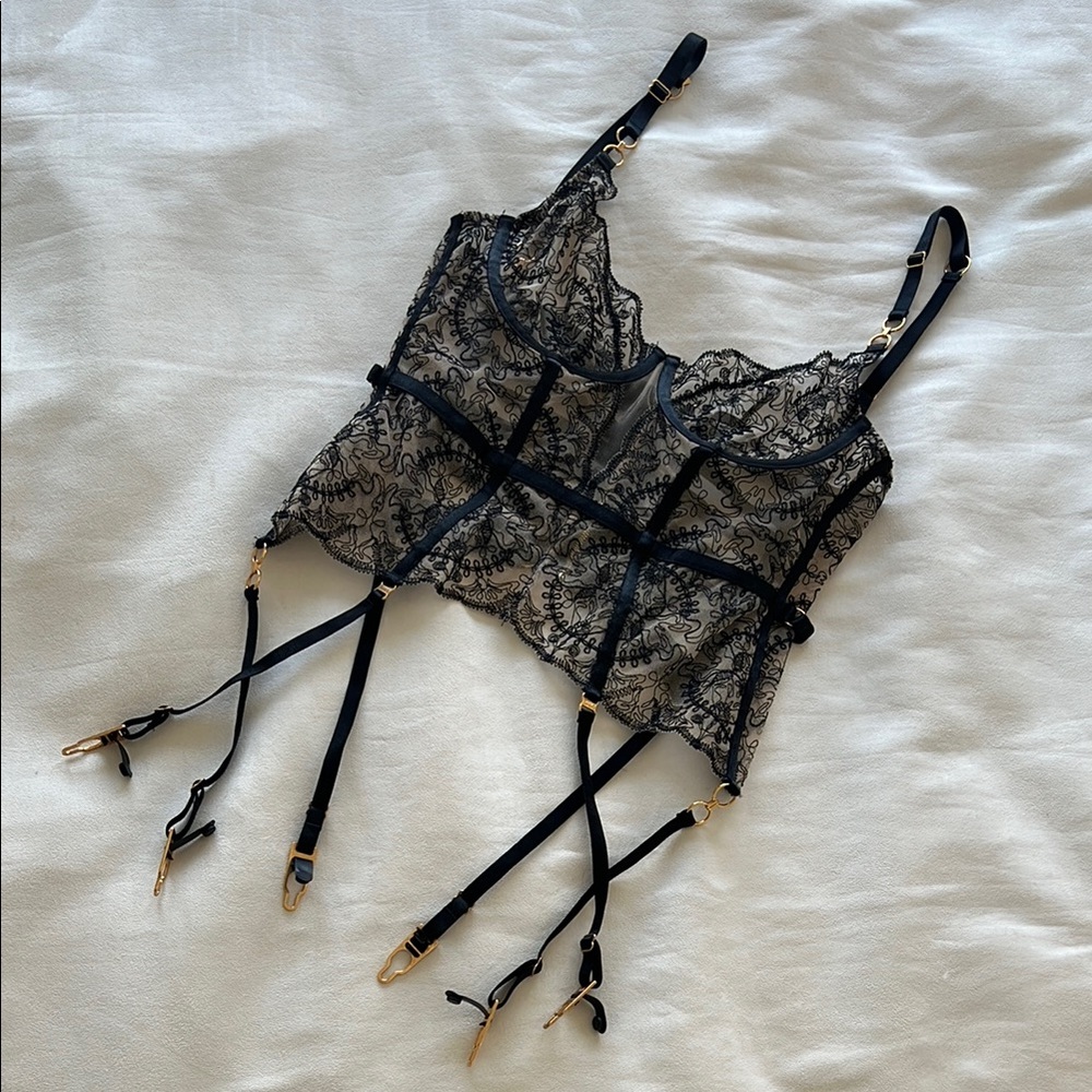 Bordelle Cymatic Basque - Black Lace Bustier with Gold Accents